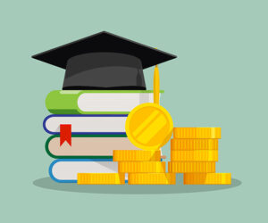 Graduation cap on top of books and gold coins
