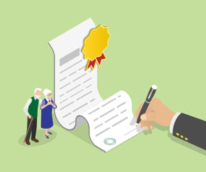 hand signing document with an older couple next to it